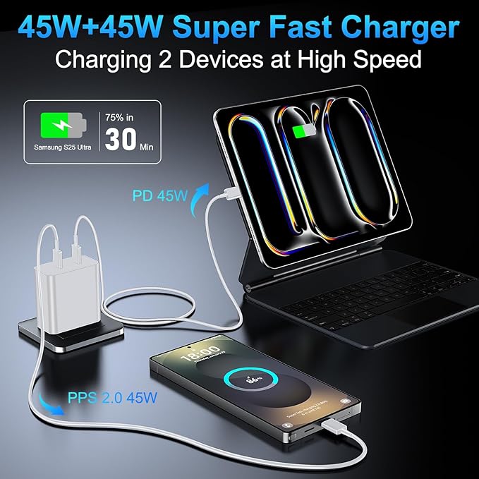 45W USB-C Super Fast Charger, 2-Port 45 Watt Type C Charger Fast Charging Block with 10FT USB C Cable Cord for Samsung Galaxy S25 Ultra/S25+/S25/S24/S23 Ultra/S23+/S22 Ultra/S22+/S20 Ultra-White