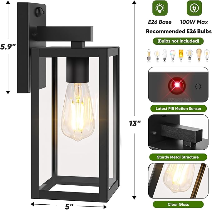BesLowe 13" Upgraded Motion Sensor Outdoor Wall Lights, 2-Pack Dusk to Dawn Porch Light Outdoor Wall Sconce Lanterns, 3 Lighting Modes Exterior Lighting Fixtures, Black Outside Lights for House Garage
