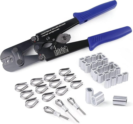 Yangoutool Wire Rope Crimping and Cutting Kit: Suitable for 1/16inch (1.59mm) to 1/8inch (3.18mm) Steel Cable Swaging, Includes 100pcs 1/8inch Aluminum Double Barrel Sleeves and 50pcs M3 Loop Thimbles