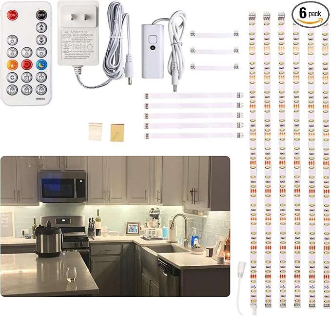 WOBANE Under Cabinet Lighting Kit, 6PCS 20inch LED Strip Bars with 24W Adapter,RF Remote,Super Bright Daylight for Kitchen Cabinet,Under Desk,Counter Lighting,4000K Natural White,1500 Lumen,Dimmable