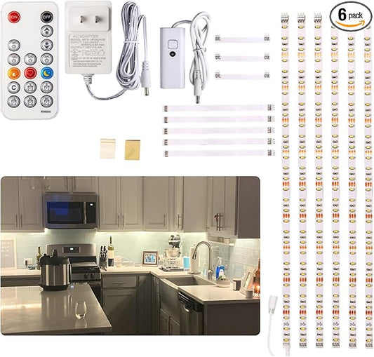 WOBANE Under Cabinet Lighting Kit, 6PCS 20inch LED Strip Bars with 24W Adapter,RF Remote,Super Bright Daylight for Kitchen Cabinet,Under Desk,Counter Lighting,4000K Natural White,1500 Lumen,Dimmable