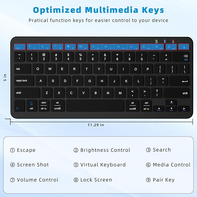 Bluetooth Keyboard, Ultra-Slim Wireless Keyboard for iPad, Rechargeable Ergonomic Computer Keyboard for iOS, Android, Windows PC Tablets Phone, Black