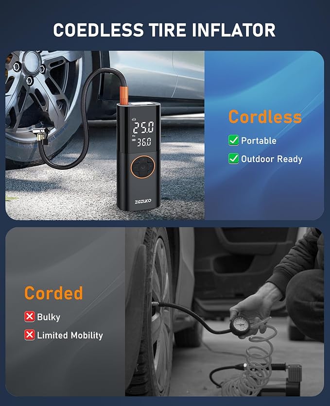 Tire Inflator Portable Air Compressor - 150PSI Fast Cordless Air Pump for Car Tires, Rechargeable Bike Tire Pump with Digital Pressure Gauge, LED Light for Cars, Bicycles, Balls and More