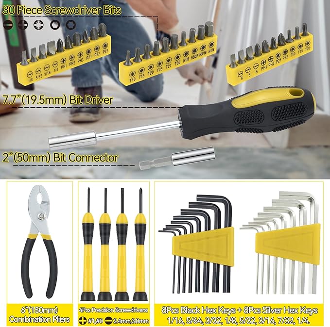 58 Piece Household Tool Set, General Household Hand Tool Kit with Plastic Toolbox Storage Case, All Purpose Household Tool Kit for Home, Garage, Office and College Dormitory Use, Yellow