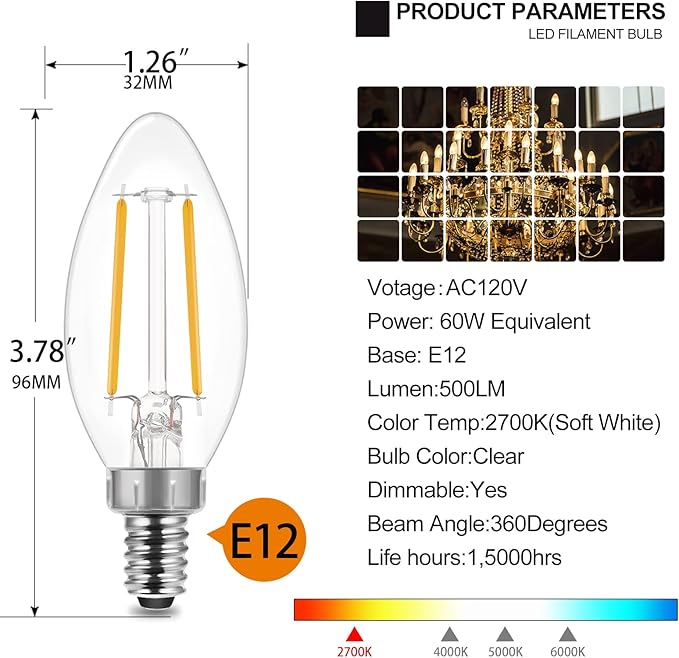 ENERGETIC SMARTER LIGHTING LED B10 Candelabra Light Bulbs 60W Equivalent, Soft White 2700K, 500 Lumen, E12 Base, Chandelier LED Edison Bulbs, Dimmable, 8 Pack
