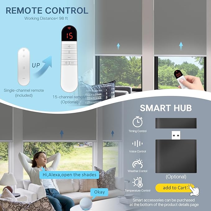 Motorized Blinds with Remote Control【Solar Panel Included】 100% Blackout Smart Roller Blinds Automatic Blinds for Windows Cordless Electric Shades Compatible with Alexa White