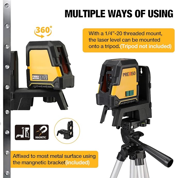 PREXISO Laser Level with Tripod - 100Ft Rechargeable Dual Modules Line Laser, Self Leveling Wide Angle Cross Leveler Tool for Construction, Floor Tile Renovation with Magnetic Base, Target Plate, Bag