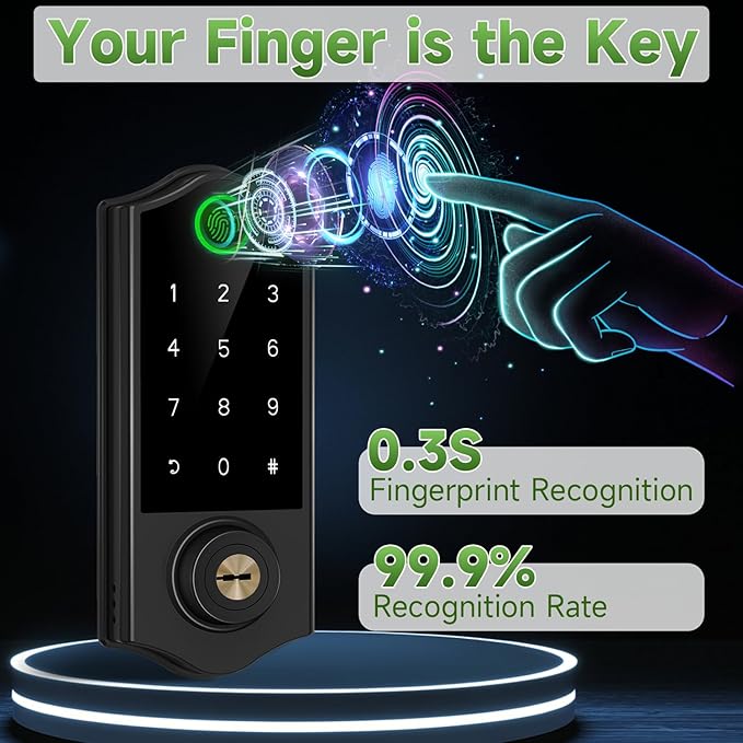 Harfo Fingerprint Smart Door Locks with Handles, App Control, Keyless Entry Front Door Lock Set, Bluetooth Digital Electronic Touchscreen Keypad Deadbolt, Easy Installation, Black