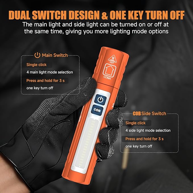 Rechargeable Tactical Flashlights High Lumens - Super Bright Small Powerful LED Magnetic USB C Flashlight, 8 Modes, Dual Button Waterproof Pocket Flash Light for Emergency, Car (1, Orange)