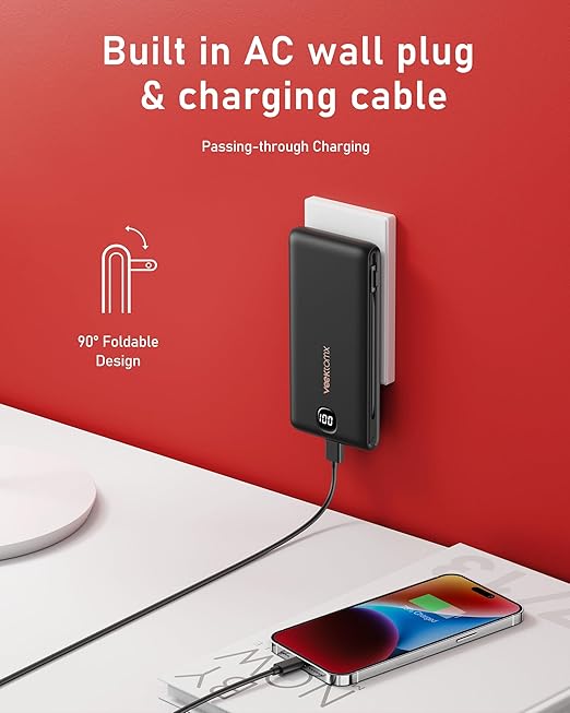Portable Charger Power Bank Built in Cables and Wall Plug, 10000mAh iPhone Battery Pack Fast Charging, USB C External Slim Power Bank, Travel Essentials Compatible with iPhone 16 15 14 13 iPad, Black