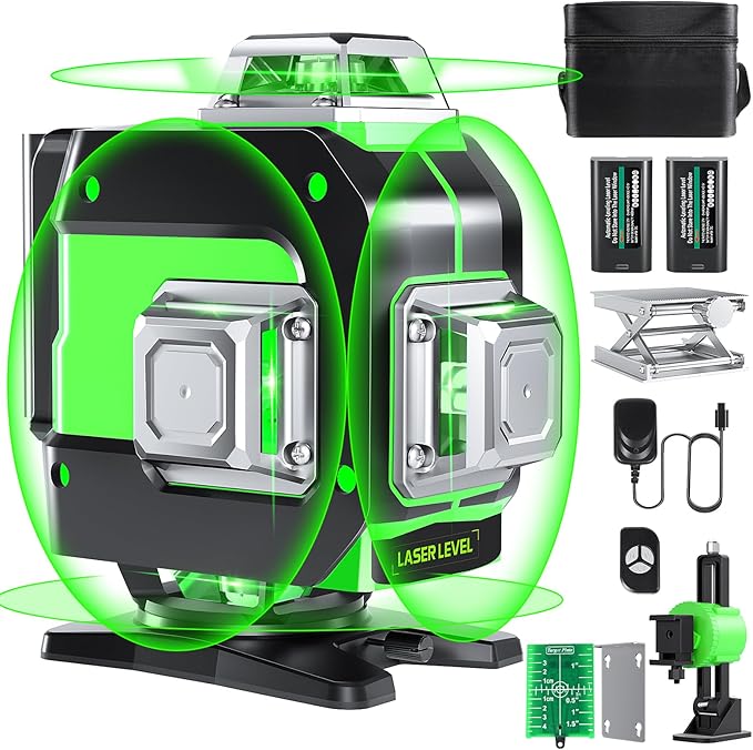 Laser Level, 4x360° Self Leveling Green Cross Line Laser for Construction and Picture Hanging with Rechargeable battery, Remote Controller, Magnetic Rotating Stand