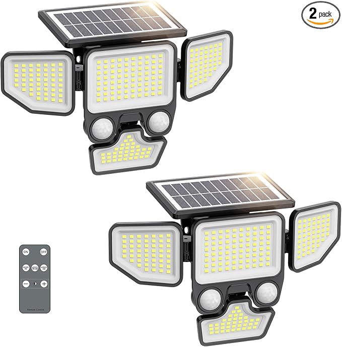 3000LM Solar Lights Outdoor, 4 Heads Solar Security Lights with Remote Control, IP65 Waterproof Motion Sensor Lights 3 Modes Flood Lights for Wall, Porch, Yard, Outside, 2 Pack