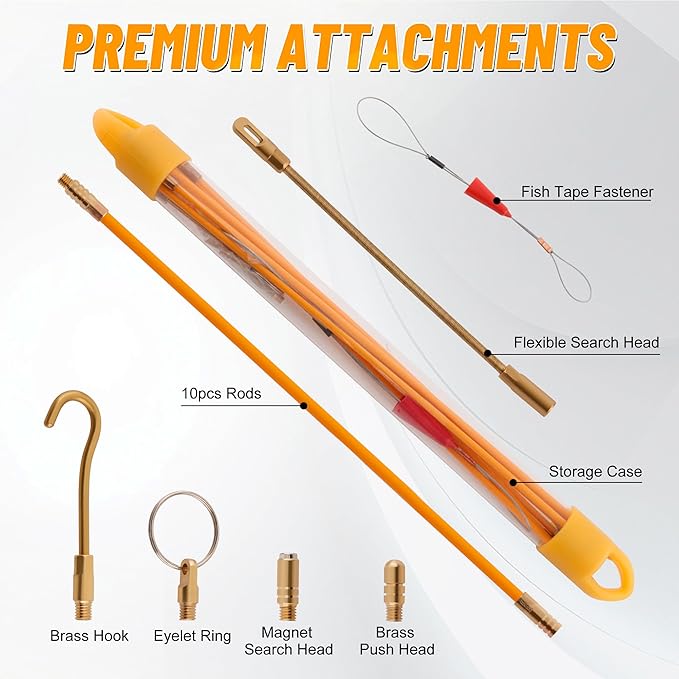 KOOTANS 33FT Fiberglass Running Electrical Wire Cable Glow Rods Wire Pulling Tools Fish Tape Wire Puller Through Wall Cable Snake Fish Rods Kit with Different Attachments