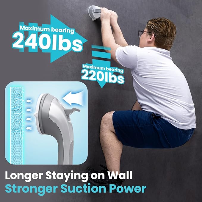 TAILI Shower Handles for Elderly Suction, 2 Pack 12 Inch Shower Grab Bars for Seniors, Grab Bars for Bathtubs and Showers, No Drilling Removable Safety Shower Grip, Silver