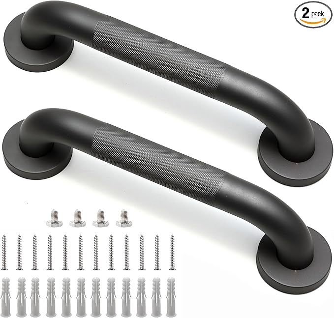 Shower Grab Bar, 2 Pack 12 Inch Gray Bathroom Grab Bar, 1.25" Diameter 304 Stainless Steel Anti-Slip Grab Bars for Bathtubs and Showers, Handicap Shower Grab Bar for Seniors Elderly