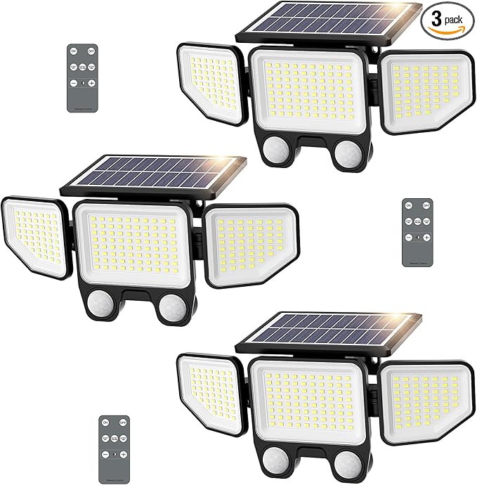 Onforu Solar Lights Outdoor, 3000LM Motion Sensor Security Flood Lights with Remote Control, 3 Modes, IP65 Waterproof Solar Powered for Yard, Pathway, Garden, Pool, Garage, 3 Pack