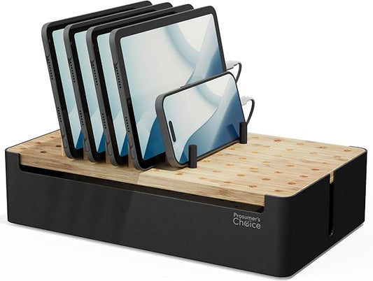 Prosumer's Choice Black Wooden Charging Station Organizer for Multiple Devices - Cable Management Box with 5 Slots and Removable Dividers - Charger Organizer for Phone, Tablet, Home, Office, 12"x6"x7"
