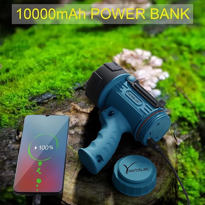 YIERBLUE Rechargeable Spotlight,18W IPX7 Water-Resistant Flashlight, Super Bright 800 Lumens LED, 20h Ultra-Long Standby,Ideal Spotlight for Boating, Camping, Hiking, Hurricane Survival(Blue)…