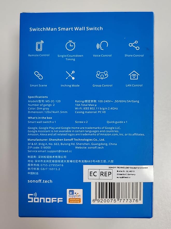 SONOFF Smart Light Switch, 2.4GHz WiFi, Neutral Wire Required Interruptor Inteligente, Voice Control with Alexa and Google Home, M5 2C