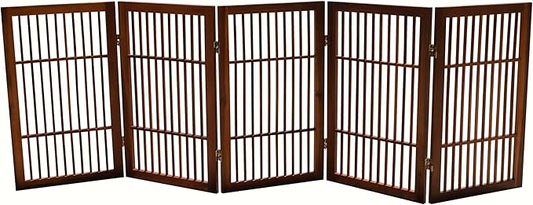 Pet Dog Gate Strong and Durable Freestanding Folding Acacia Hardwood Portable Wooden Fence Indoors or Outdoors by Urnporium (Brown Pet Gate, 5 Panel 30" Tall)