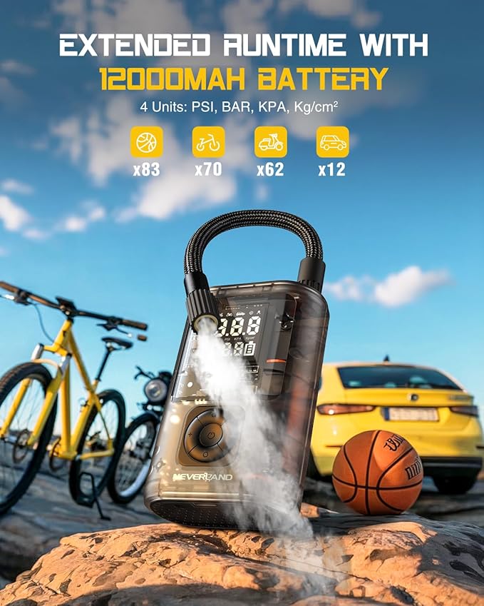 NEVERLAND Tire Inflator Portable Air Compressor - 12000mAh 150PSI Auto Air Pump for Bike Car Tires, Electric Bike Tire Pump with Gauge, Air Compressor Portable for Bike Bicycle Car Motorcycle Ball