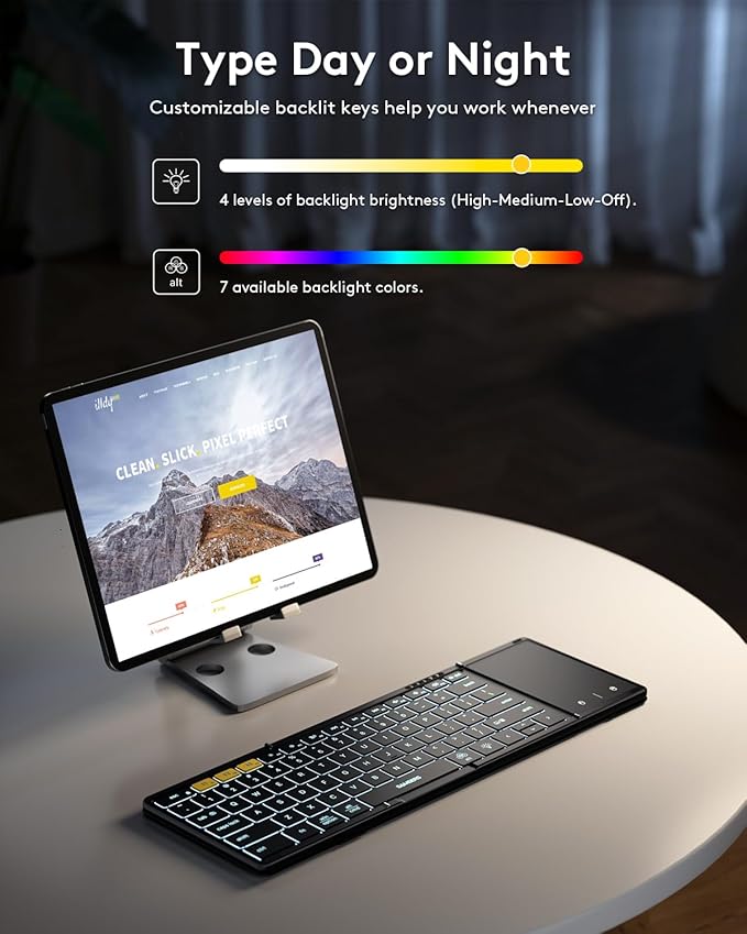 Samsers Foldable Bluetooth Keyboard with Touchpad, Full-Size Wireless Folding Keyboards with Backlight, Portable Travel for iOS Android Windows Mac OS, Support 3 Device(BT5.1 x 3), Black