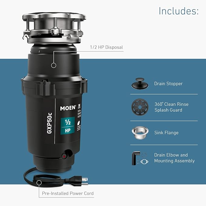 Moen Prep Series PRO Continuous Feed Compact Garbage Disposal for Kitchen Sink with Power Cord, GXP50C