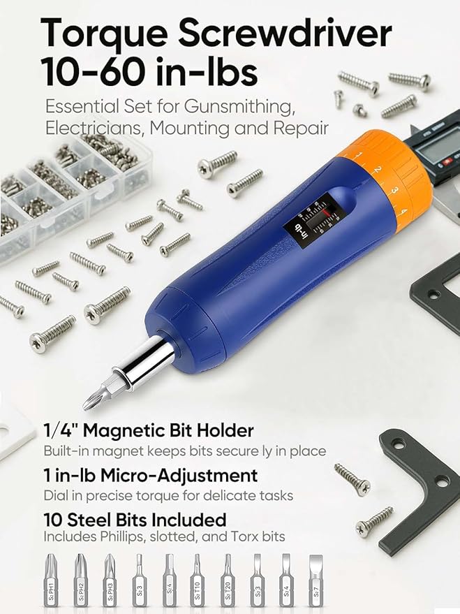 GOYOJO Torque Screwdriver 10–60 in-lbs, 1/4 Inch Drive Adjustable Torque Wrench Set with S2 Bits & Magnetic Holder, Gunsmithing, Electricians, Bike Repair and Mounting, Gifts for Men
