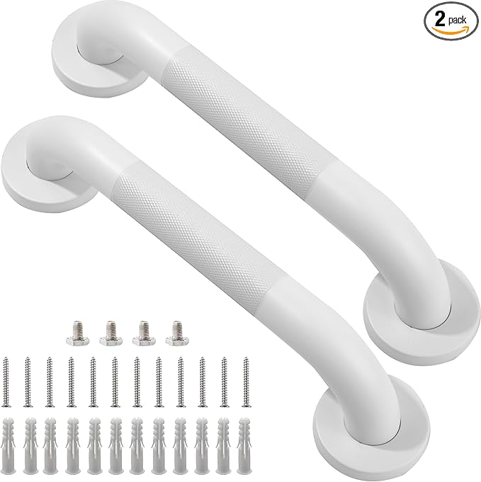 Shower Grab Bar, 2 Pack 12 Inch White Bathroom Grab Bar, 1.25" Diameter 304 Stainless Steel Anti-Slip Grab Bars for Bathtubs and Showers, Handicap Shower Grab Bar for Seniors Elderly