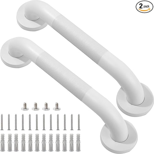 Shower Grab Bar, 2 Pack 12 Inch White Bathroom Grab Bar, 1.25" Diameter 304 Stainless Steel Anti-Slip Grab Bars for Bathtubs and Showers, Handicap Shower Grab Bar for Seniors Elderly