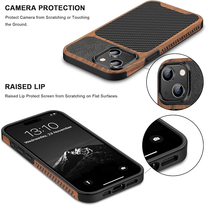 TENDLIN Magnetic Case Compatible with iPhone 15 Case Wood Grain with Carbon Fiber Texture Design Leather Hybrid Slim Case (Compatible with MagSafe) Black