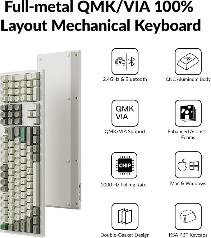 Keychron Q6 Max QMK/VIA Bluetooth Wireless /2.4 GHz/USB-C Wired Custom Mechanical Keyboard, Full Size Programmable Knob RGB Backlit Hot-Swappable Gateron Brown Switch for Mac Windows Linux - White