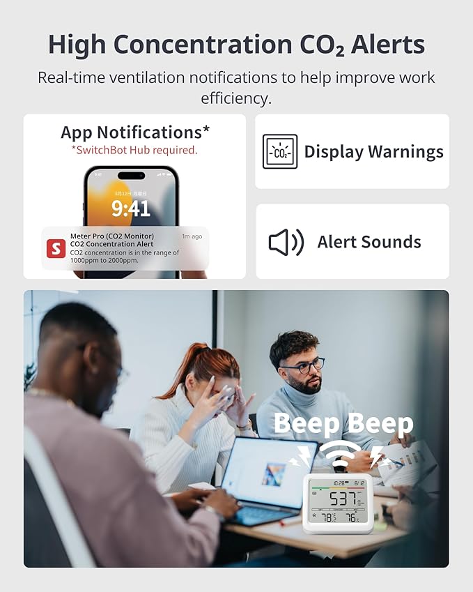SwitchBot CO2 Detector, Air Quality Monitor Indoor, CO2 Monitor for CO2/TEMP/Humidity, Portable Carbon Dioxide Detector for Home/Car/Office/Greenhouse