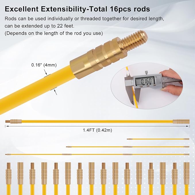 22FT Fiberglass Running Electrical Wire Cable Pulling Fish Tape kit in a Carrying Case Through Wall Cable Snake Rods Electrical Tools Kit with Different Attachments