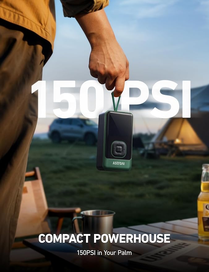 AstroAI L7 Air Tire Inflator Portable Air Compressor, 150PSI Electric Cordless Pump with Fast 1-min Inflation, Auto Shutoff, LED Light – Rechargeable for Car, SUV, Motorcycle, Bike Tires (Green)