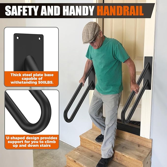 GORWARE Handrails for Outdoor Steps, 32" U-Shaped Handrail Wall Mount with Matte Black Finished,1-3 Steps Railings,Safety Grab Bar for Outdoor Indoor Stairs, Garage, Porch, Toilet, Yard and Garden