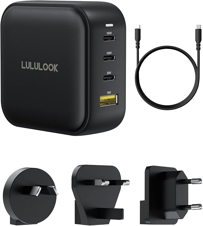LULULOOK 100W USB C Charger, 4-Port GaN Fast Charging Block, PD Type-C Wall Charger Travel Adapter for MacBook Pro/Air, iPhone 16, Pixelbook, iPad, Samsung Galaxy S24, Console, UK/EU/AU Plug Included