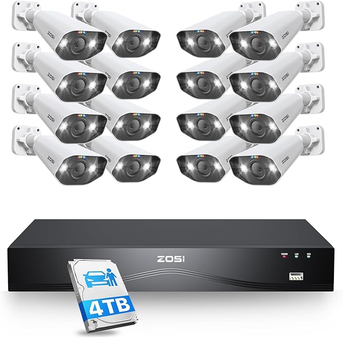 ZOSI 4K 16CH Spotlight PoE Security Camera System with Person Vehicle Detection,16pcs 4K PoE IP Cameras Outdoor,2 Way Audio,Night Vision,Sound&Light Alarm,16CH 8MP NVR with 4TB HDD for 24/7 Recording