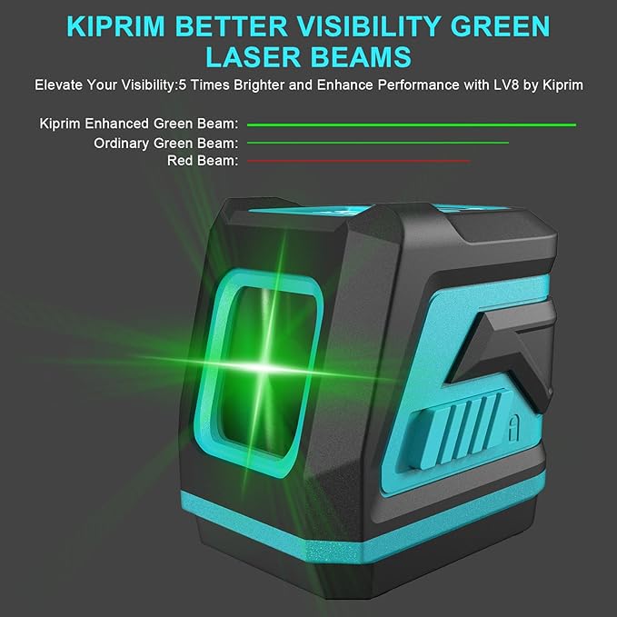Kiprim Green Laser Level Upgraded LV8 with Enhanced Visibility,Adjustable Brightness,Manual/Self Leveling/Pulse Mode,Batteries and Carrying Pouch Included