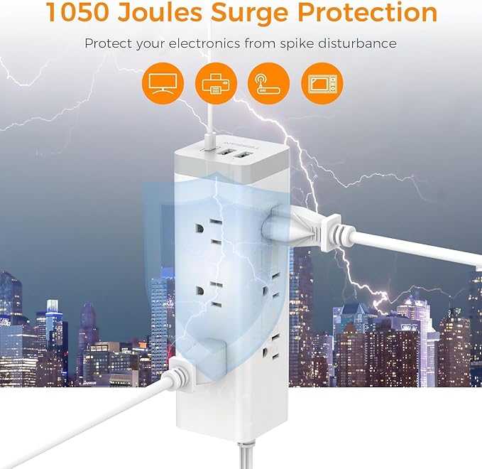 Surge Protector Power Strip 15 Ft, TESSAN Flat Plug Long Extension Cord with 9 Outlets 3 USB(1 USB C), Surge Protection Mountable Desk Charging Station for Indoor, Home, Office, Dorm Room Essentials