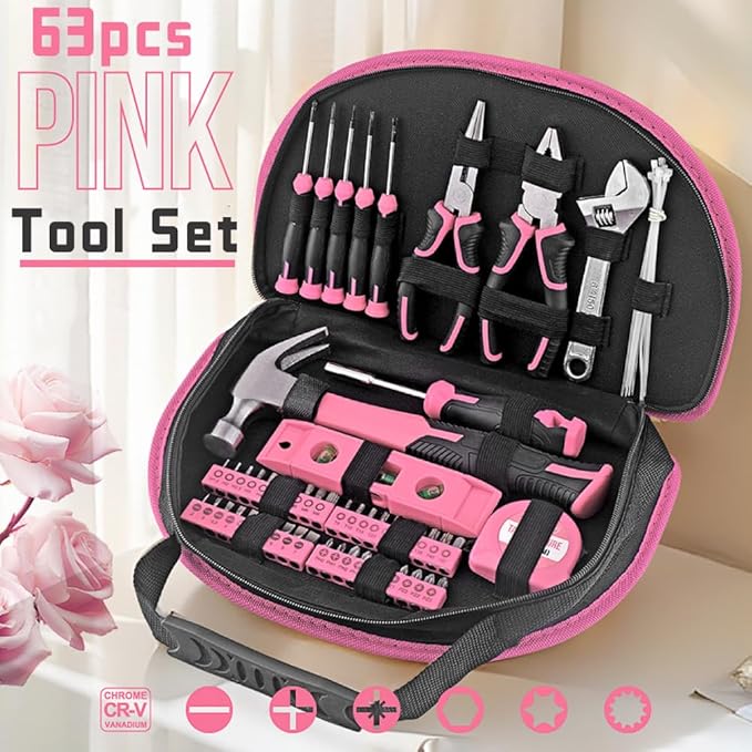 63 Piece Pink Tool Set,Household Tool Kit with Bag for Women, Home, Garage, Office and College Dormitory Use