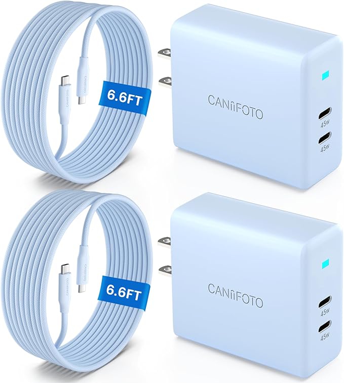 2Port 45W Super Fast Charger Type C, 2Pack 45W USB-C Charger Fast Charging for Samsung Galaxy S24 Ultra/S24+/S24/S23 Ultra/S23+/S22/S20/Note10+ with 2X 6.6ft Type C Cord (Blue)