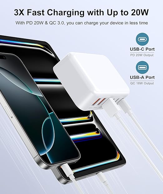 Fast Charger Block, GaN 6 Port USB C Charging Station Hub Cube, 100W Multiport Type C Wall Charger Power Strip Plug with PD 3.0+QC for iPhone 16 15 14 13 12 1 Pro Max XR XS 8 7, Samsung, iPad, Table