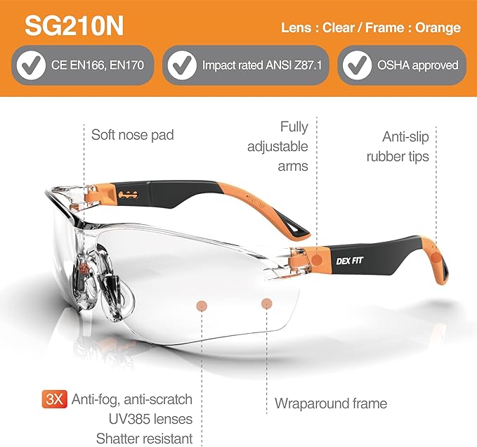 DEX FIT Safety Glasses SG210, Z87 Eye Protection, 3X Anti-Fog & Scratch Resistant, Adjustable, UV Protection (N Orange)
