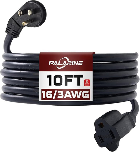 Indoor Flat Plug Black Extension Cord 10ft, UL Listed, 16/3 SJTW 3 Prong Heavy Duty, 16 Gauge 13A Power Cord for Lights, Appliance, Home, Office