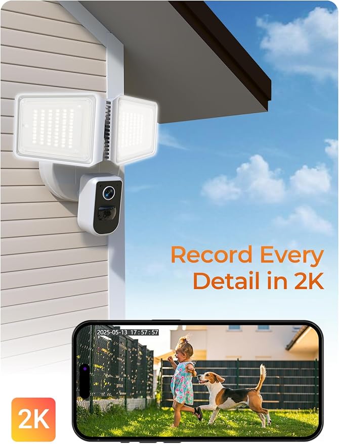 Security Floodlight Cameras Outdoor - 2K Flood Light Motion Detection 3000-5000K LED 2-Way Audio Camera with 4230 lm 150dB Siren 2.4G&5G WiFi Alexa-Compatible for Home Security 24/7 Recording
