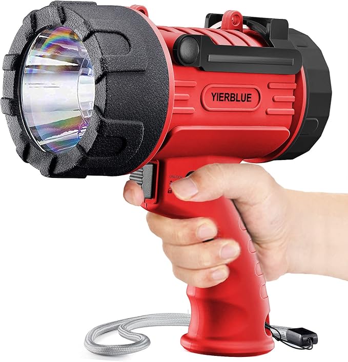 YIERBLUE Rechargeable Spotlight Flashlight with Super High High Lumen LED, IP67 Waterproof Long Running Spot Light searchlight, Impact Resistant Handheld Spotlight with Foldable Stand and Red Lens