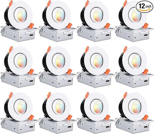 TORCHSTAR 12-Pack 5CCT 3 Inch Gimbal LED Recessed Light, 7W CRI90+ Dimmable Adjustable Eyeball Canless LED Downlight, 2700K/3000K/3500K/4000K/5000K Selectable, Airtight IC, ETL