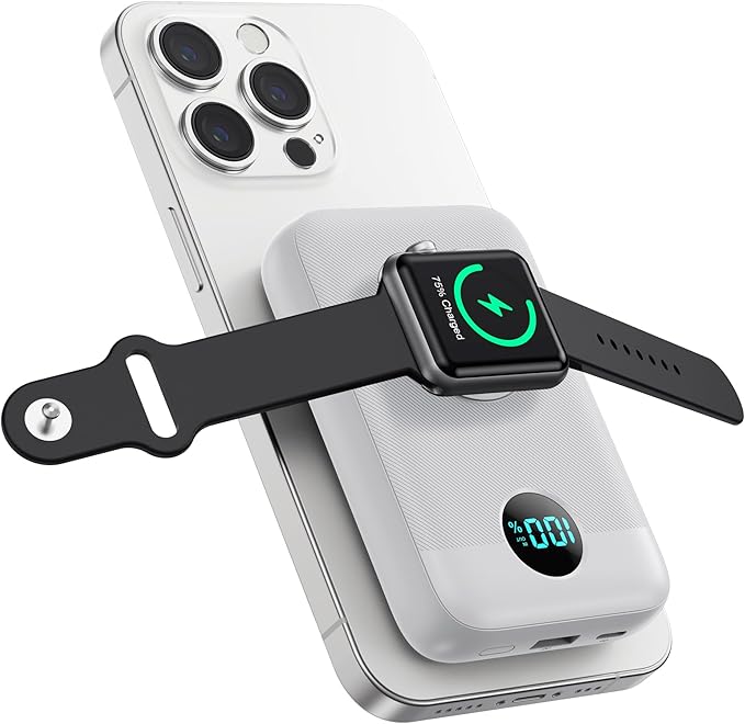 Magnetic Portable Charger 10800mAh,4-in-1 Wireless Power Bank with iWatch Charger, QC4.0+20W PD Fast Charging USB C Battery Pack with LCD Display for Magsafe,iPhone 16/15/14/13/12,Apple Watch (White)