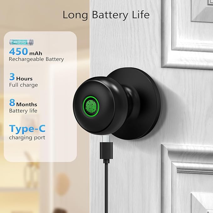 GeekTale Fingerprint Door Lock for Bedrooms, Fingerprint Door Knob with Lock, Smart Door Lock, App Control, Back-up Keys, Thumbprint Door Knob for Bedrooms, Office, Apartment